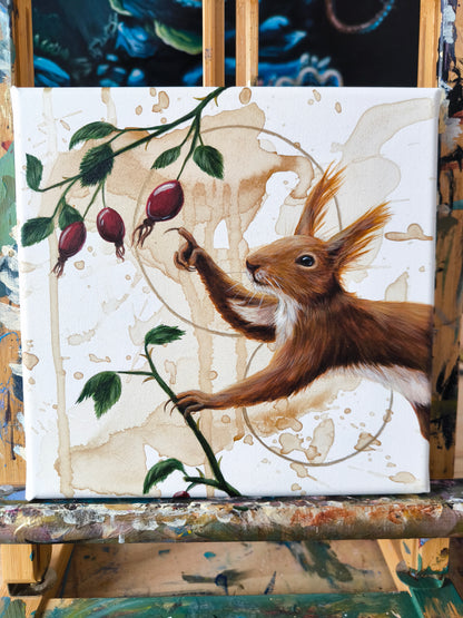 Das Eichhörnchen mit der Hagebutte