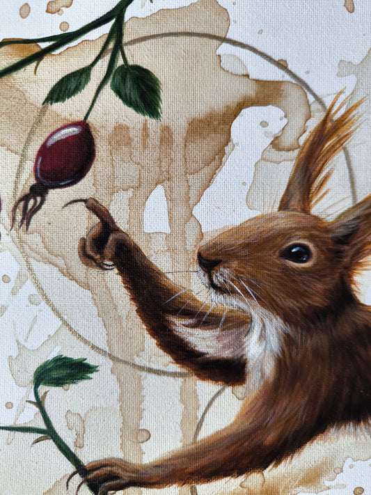 Das Eichhörnchen mit der Hagebutte