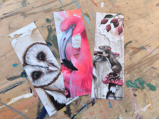 3 Lesezeichen Eulenblick, Flamingo und Maus mit Aussicht