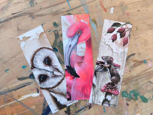 3 Lesezeichen Eulenblick, Flamingo und Maus mit Aussicht