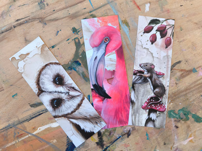 3 Lesezeichen Eulenblick, Flamingo und Maus mit Aussicht