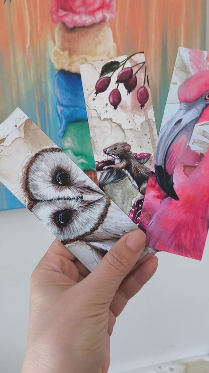 3 Lesezeichen Eulenblick, Flamingo und Maus mit Aussicht